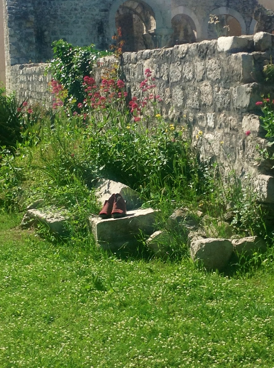 red shoes on rock in Croatian wildflowers