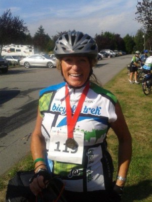Janet completing 200 km Bicycle Trek for Life and Breath 